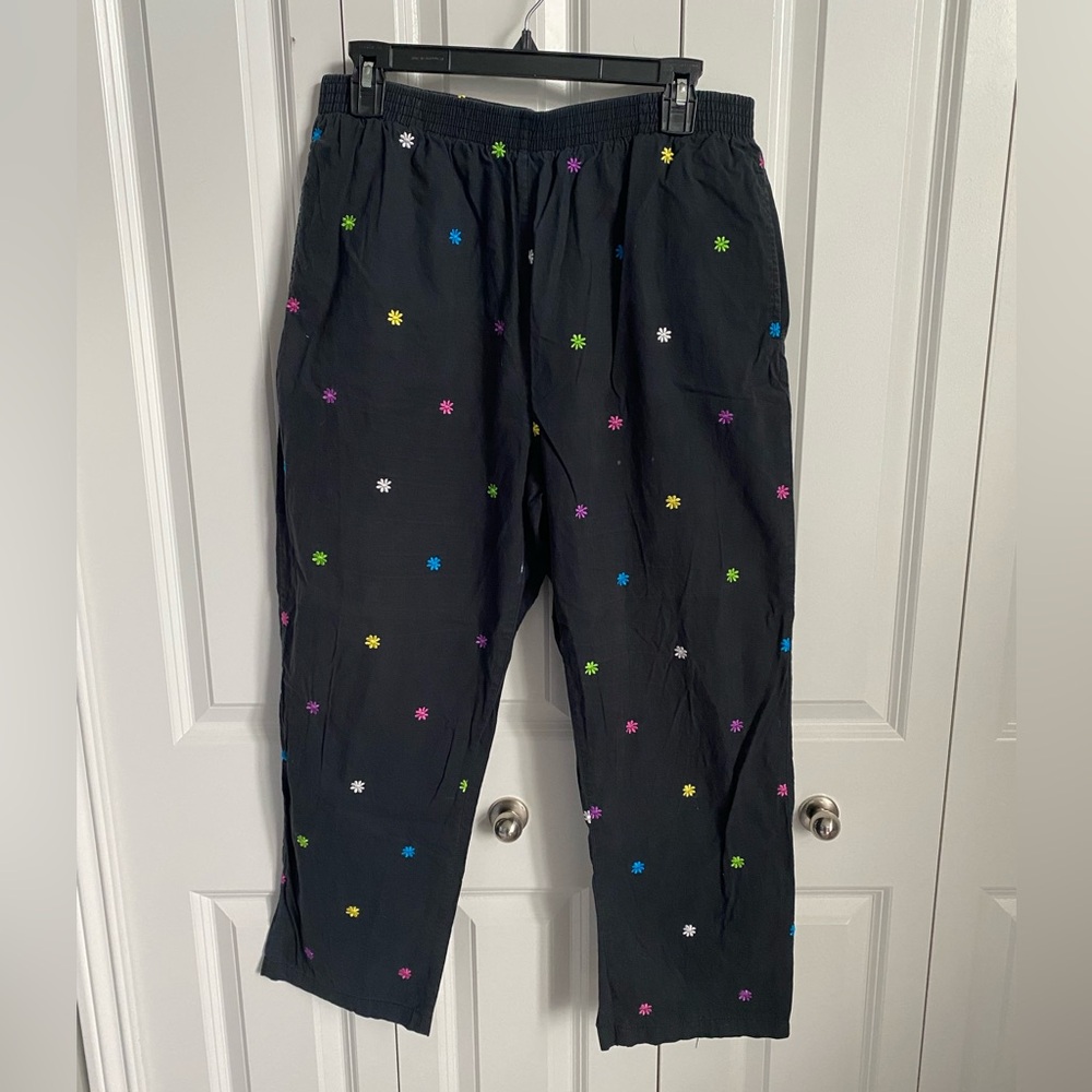 Black Pants with Colorful Flower Embroidery Stretch Waist